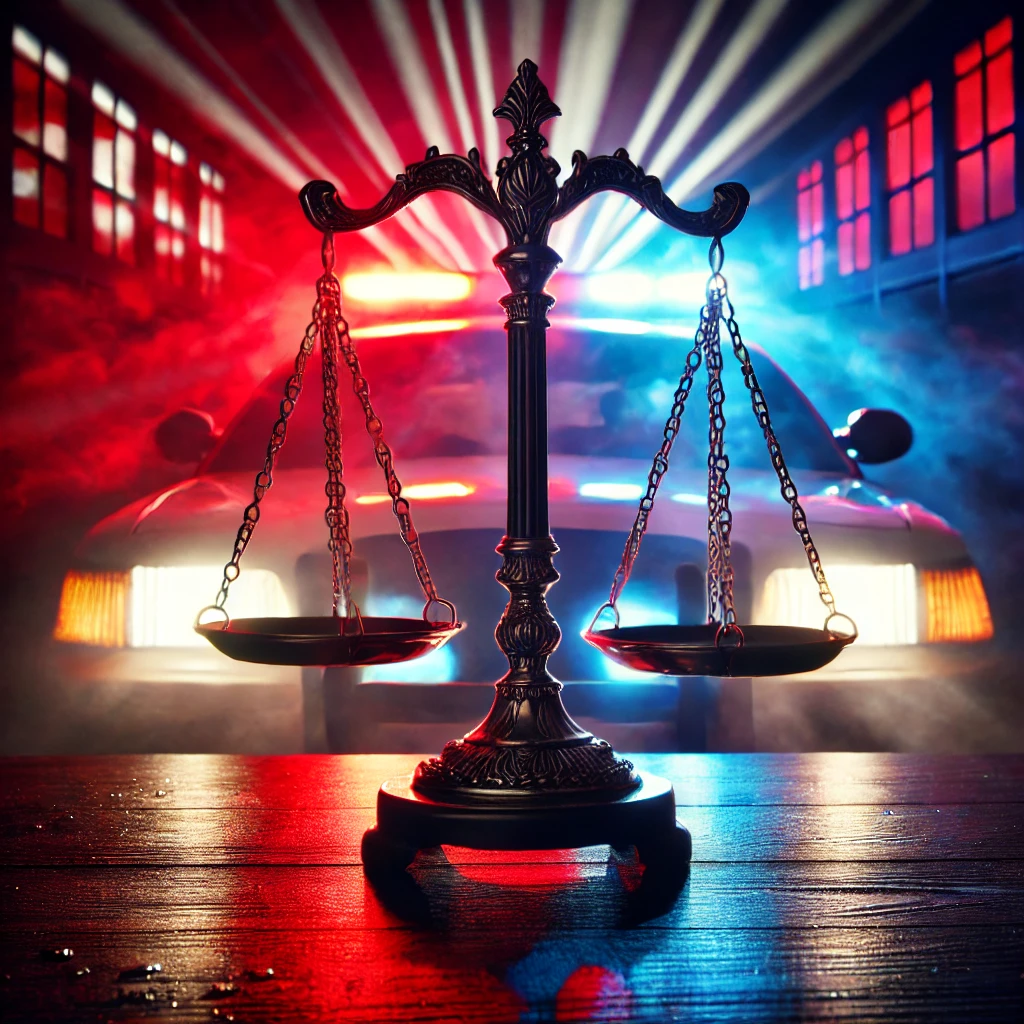 DALL·E 2025-02-02 08.50.39 - A dramatic image featuring flashing red and blue police lights illuminating the background, with the Scales of Justice prominently displayed in the fo